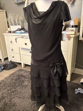 Liz Claiborne Black Layered Chiffon Midi Dress with Satin Bow